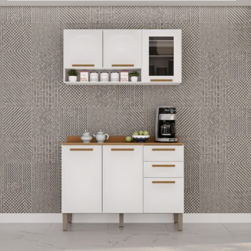 Armário Aéreo Vidro Fumê + Balcão New Valência Branco/Cinamomo - SALLÊTO