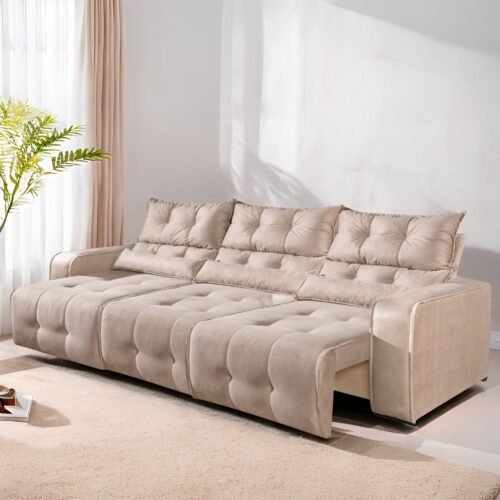 Sofá Retrátil e Reclinável Premier/Minas 2,50 m Veludo Bege 512 - DECORAR ESTOFADOS