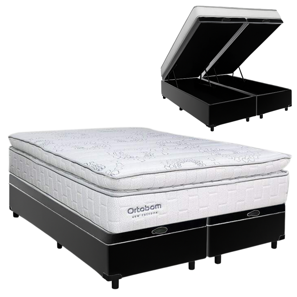 Colchão Queen New Freedom 32 cm D33 Molas Ensacadas + Base Baú Corino Preto – ORTOBOM + ALTO NÍVEL - Imagem 2