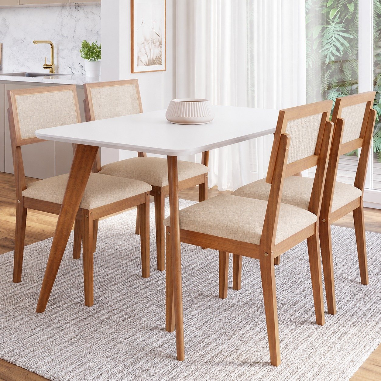 Mesa Acerola 130 (C/Vidro) Madeira/Off White com 4 Cadeiras Encanto Linho Bege – CIMOL