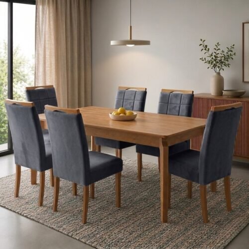 Mesa Atos 180 (Tampo 26 mm) Laminada Mel com 6 Cadeiras Las Vegas Veludo Cinza Grafite 10 – VIEIRA DECOR + OURO DECOR