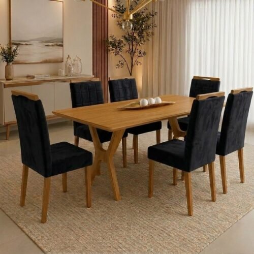 Mesa Essência 180 (S/Vidro) Cinamomo com 6 Cadeiras Las Vegas Veludo Preto 13 – JCM MOVELARIA + OURO DECOR