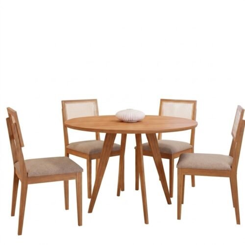 Alternative view of Mesa Redonda Acerola 109 (S/Vidro) Madeira/Off White com 4 Cadeiras Palmas Linho Bege – CIMOL
