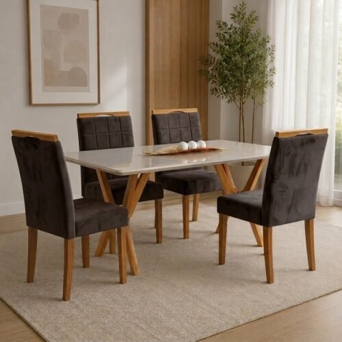 Mesa Essência 120 (C/Vidro) Cinamomo/Off White com 4 Cadeiras Las Vegas Veludo Marrom 17 – JCM MOVELARIA + OURO DECOR