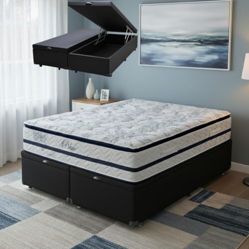 Colchão Queen Blue 32 cm H33 Molas Ensacadas + Base Baú Corino Preto – PAROPAS + ALTO NÍVEL