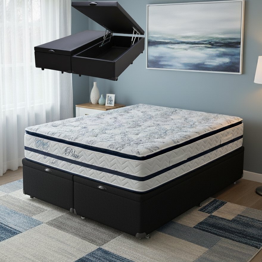 Colchão Queen Blue 32 cm H33 Molas Ensacadas + Base Baú Corino Preto – PAROPAS + ALTO NÍVEL