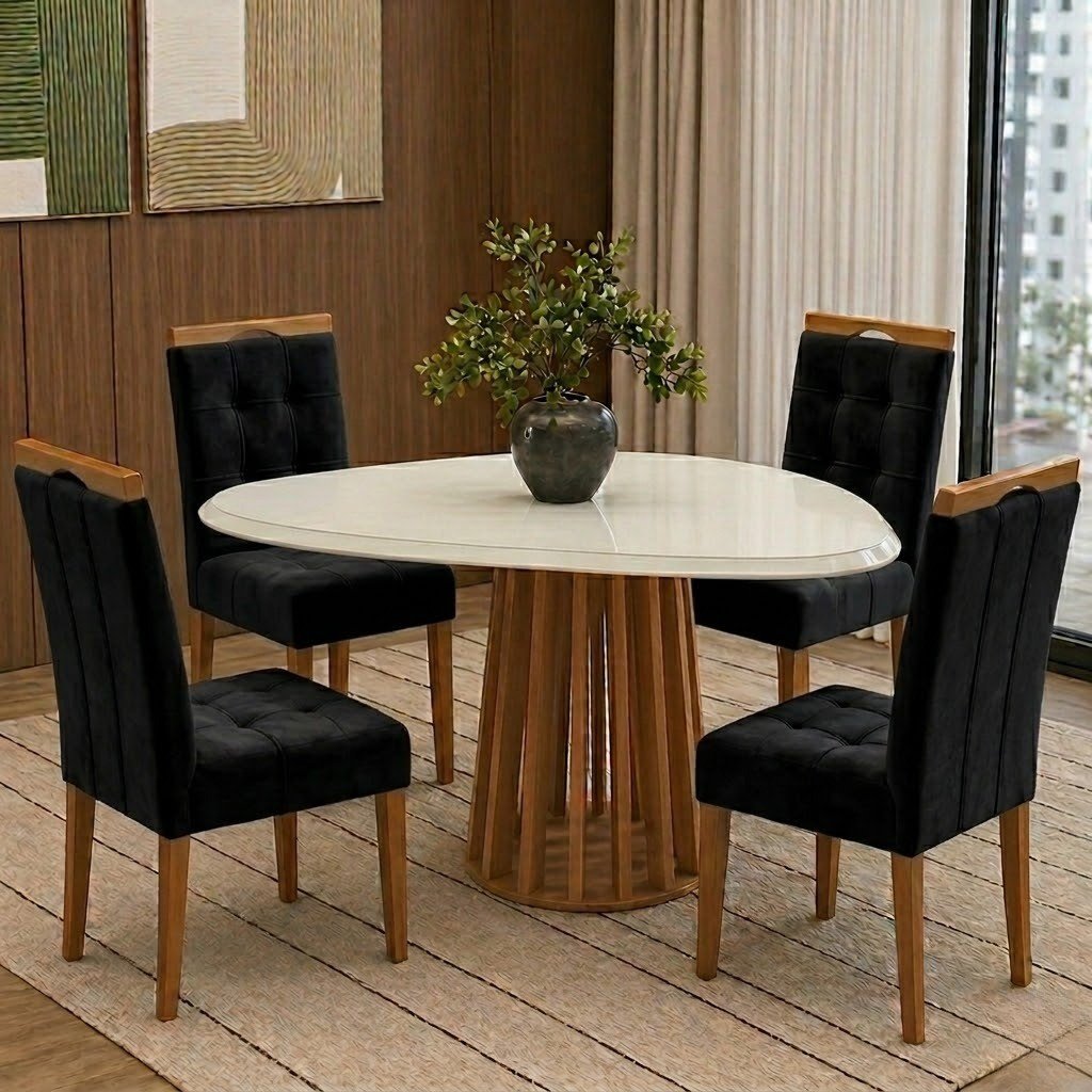 Mesa Lavanda BA45 135 Canela/Off White com 4 Cadeiras Sophia Veludo Preto - KAPPESBERG + WM DECOR