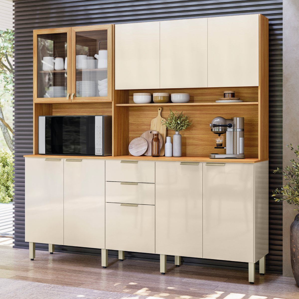 Kit Cozinha Amora 1,98 m Cinamon Touch/Off White - DEMÓBILE