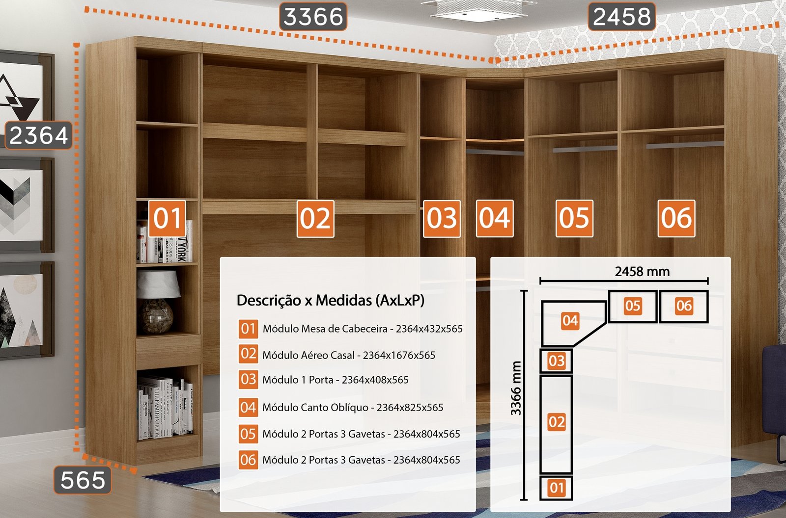 Modulado Casal/Queen 6 módulos Rizon (Dois Módulos 2 Pts + Criado + Módulo 1 Pt + Canto Oblíquo + Aéreo 1.67) - Imagem 3