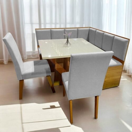 Conjunto Canto Alemao Bau + Mesa Mon/Soberano Mel/Blonde + 2 Cadeiras Milao Mel/Linho Inox - VIERO MOVEIS