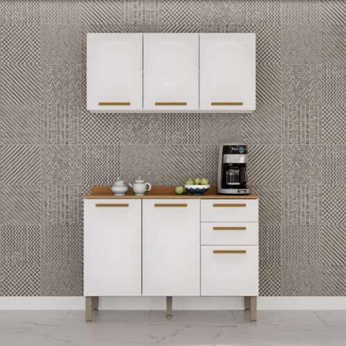 Armário Aéreo Triplo + Balcão New Valência Branco/Cinamomo - SALLÊTO