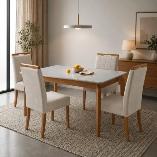 Mesa Atos 120 (Tampo 18 mm) Mel/Off White com 4 Cadeiras Las Vegas Veludo Bege 01 – VIEIRA DECOR + OURO DECOR