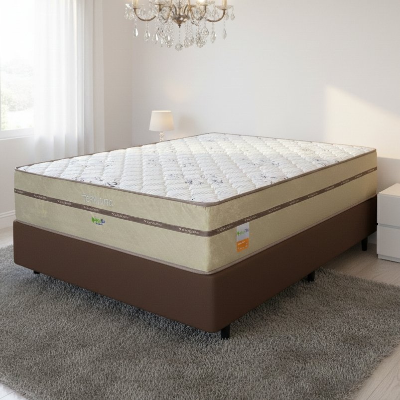 Colchão Casal Toronto 30 cm D28 Molas Ensacadas + Base Simples Corino Marrom – ECOTEC + BIOSTAR