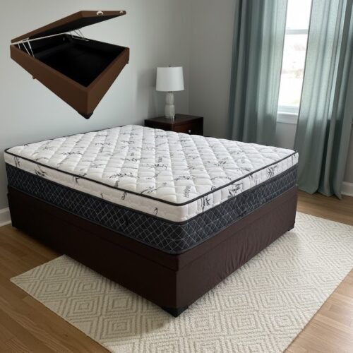 Colchão Casal Prime Light 26 cm D28 Molas Ensacadas + Base Baú Corino Marrom – ORTHOPRIME + ALTO NÍVEL