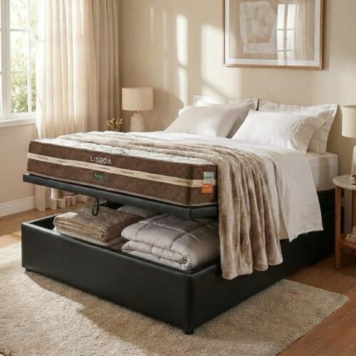 Colchão Casal Lisboa 24 cm D28 Molas Ensacadas + Base Baú Corino Preto – ECOTEC + ALTO NÍVEL