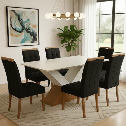 Mesa Amora BA35 160 Canela/Off White com 6 Cadeiras Sophia Veludo Preto – KAPPESBERG + WM DECOR