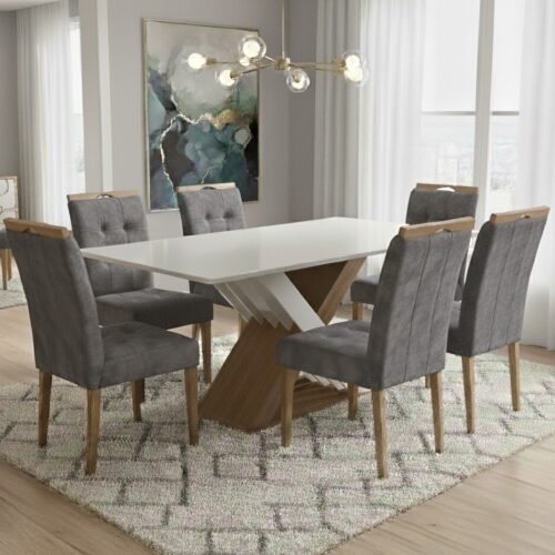 Mesa Graviola BA29 160 Canela/Off White com 6 Cadeiras Sophia Veludo Cinza Grafite – KAPPESBERG + WM DECOR