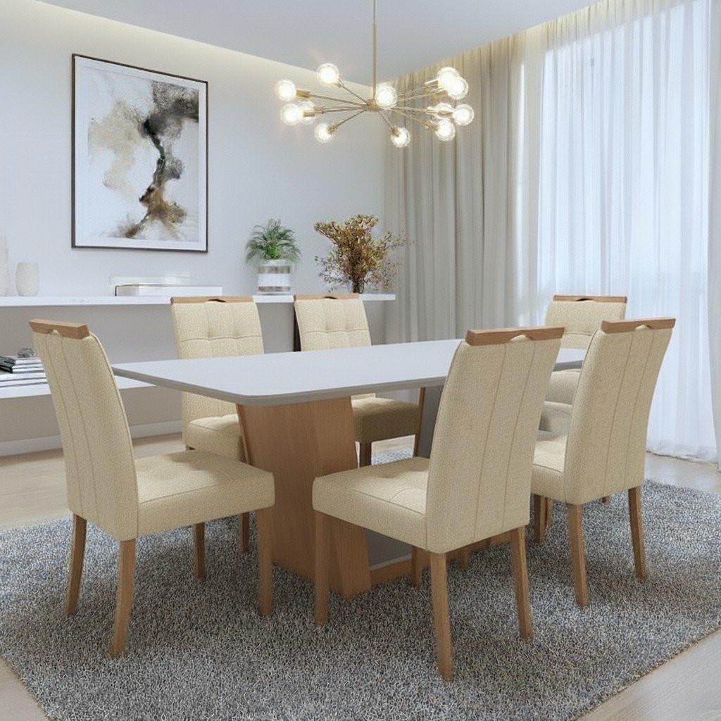 Mesa Apogeu (Tampo Maxi) 170 Amêndoa Clean/Off White com 6 Cadeiras Sophia Linho Bege 200 – LOPAS + WM DECOR