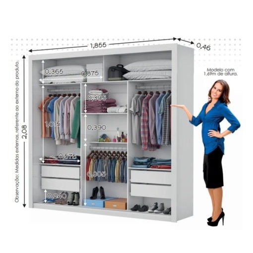 Guarda-Roupa 3 Portas Veneza/Clara/Berlim Premium (3 portas espelhadas) 1,855 m Cinamomo/Branco - CARIOCA MÓVEIS - Imagem 3