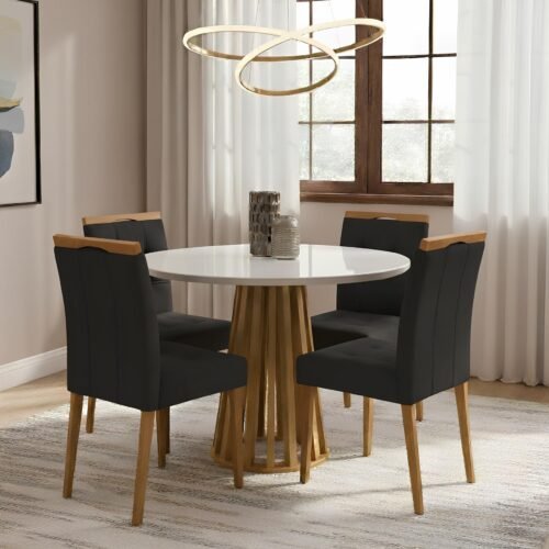 Mesa Redonda Berlim 100 Cinamomo/Off White com 4 Cadeiras Sophia Veludo Preto – CEL MÓVEIS + WM DECOR