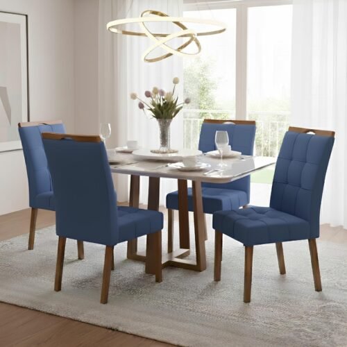 Mesa Pedro 90 Mel/Off White com 4 Cadeiras Sophia Veludo Azul – ART ASSENTOS + WM DECOR
