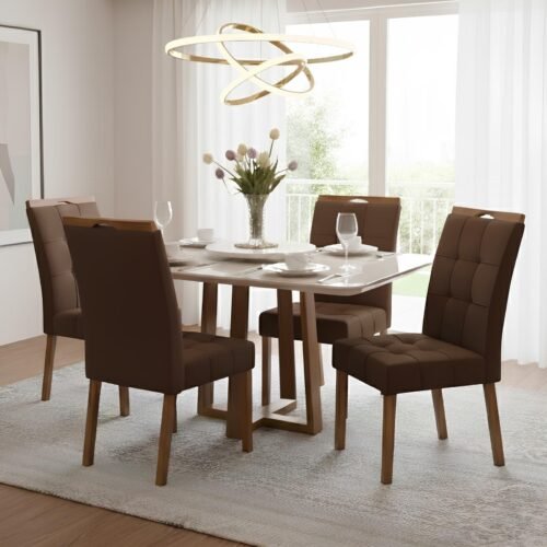 Mesa Pedro 120 Mel/Off White com 4 Cadeiras Sophia Veludo Marrom – ART ASSENTOS + WM DECOR