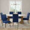 Mesa Liz 160 (Tampo 40 mm) Cinamomo/Off White com 6 Cadeiras Sophia Veludo Azul – VALDEMÓVEIS + WM DECOR