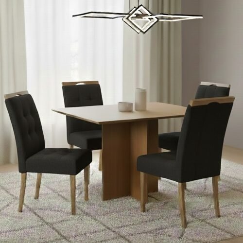 Mesa Pérola 90 Imbuia Mel (Tampo Viena s/vidro) com 4 Cadeiras Sophia Veludo Preto – CARVALHO DECOR + WM DECOR