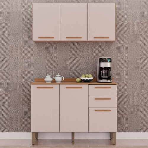 Armário Aéreo Triplo + Balcão New Valência Cinamomo/Off White - SALLÊTO