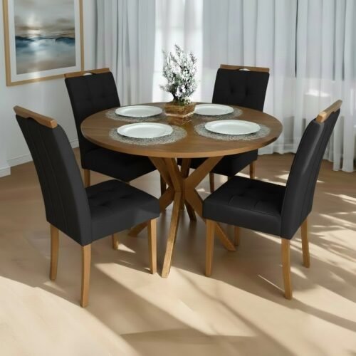 Mesa Redonda Simpatia 108 Cinamomo com 4 Cadeiras Sophia Veludo Preto – JCM MOVELARIA + WM DECOR