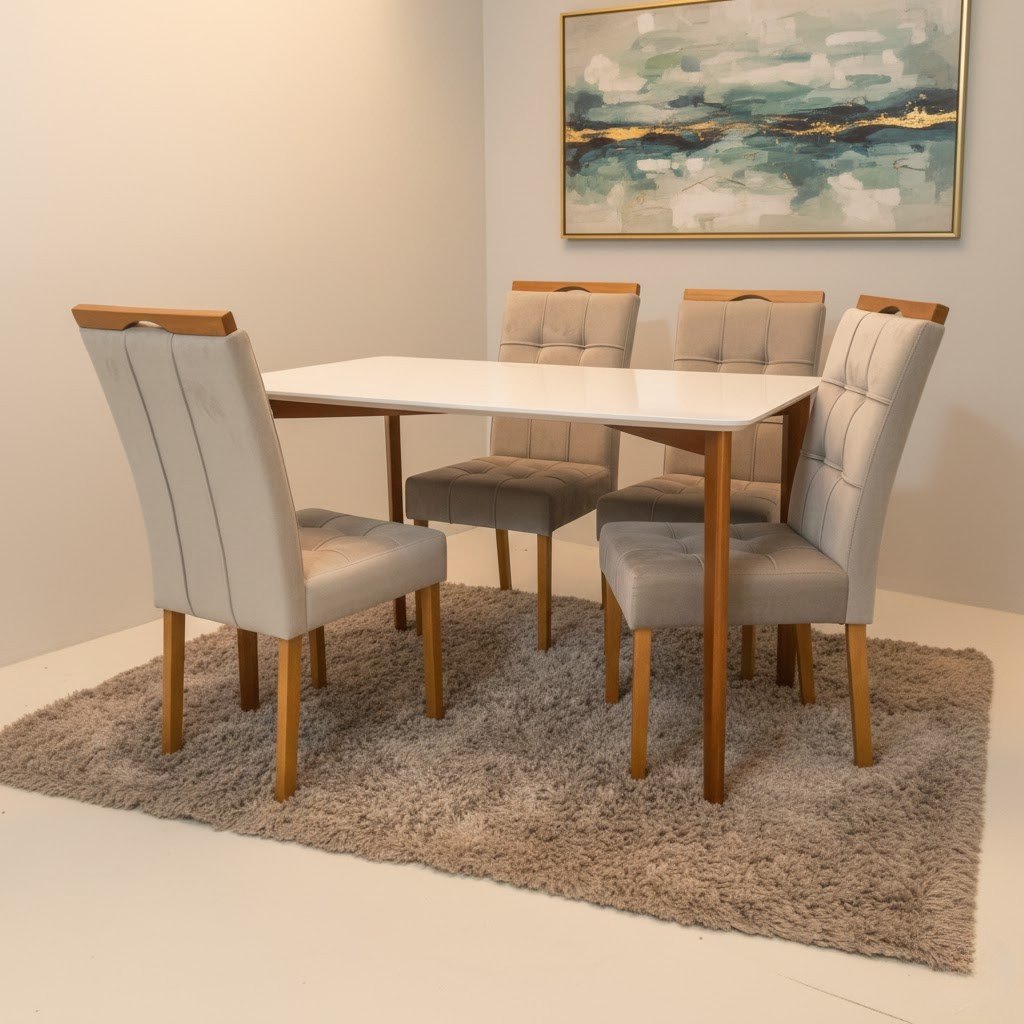 Mesa Ravena 120 Naturale/Off White com 4 Cadeiras Sophia Veludo Bege – CLEFATOS DECOR + WM DECOR