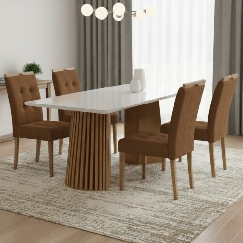 Mesa Nevada 120 (Tampo Smart Plus) Cinamomo/Off White com 4 Cadeiras Sophia Veludo Marrom – CEL MÓVEIS + WM DECOR