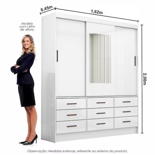 Guarda-Roupa 3 Portas Sevilha (Com espelho) 1,62 m Branco – CARIOCA MOVEIS - Imagem 4