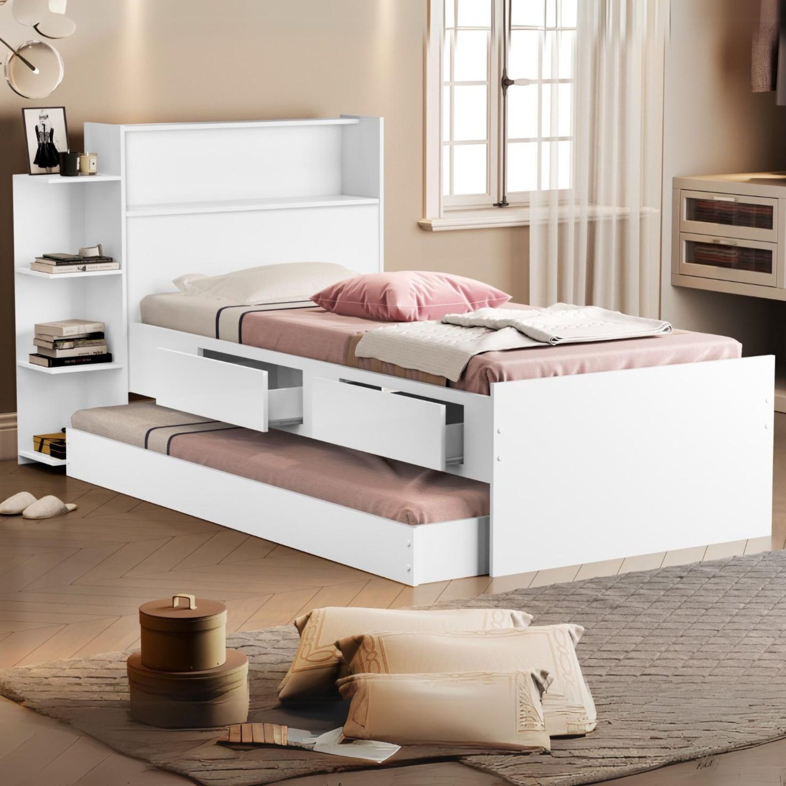Cama Solteiro Baú Isa + Auxiliar Mili Branco – MADEC MÓVEIS