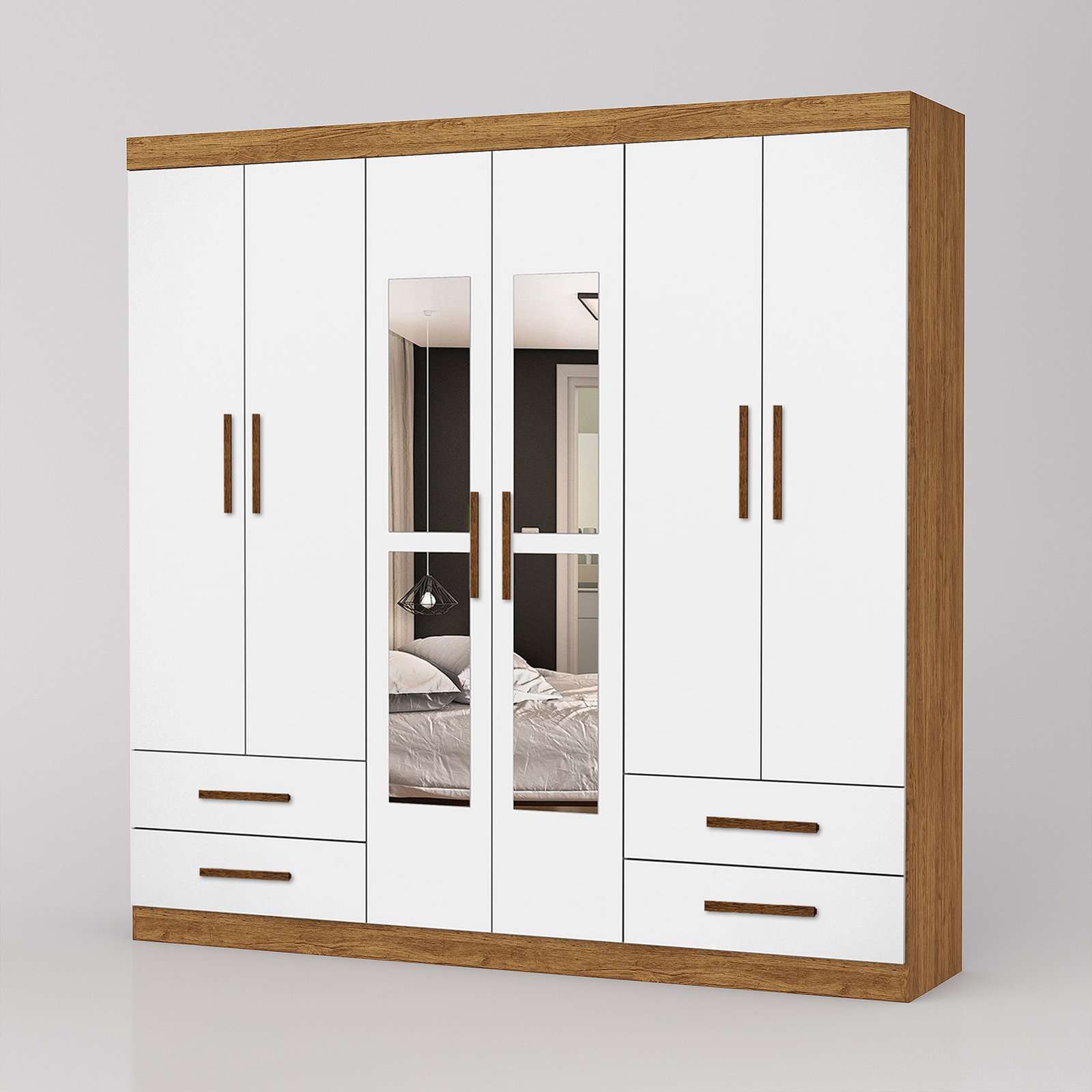 Guarda-Roupa 6 Portas Hércules(Com espelho) 1,77 m Cinamomo/Branco – CARIOCA MÓVEIS - Imagem 3