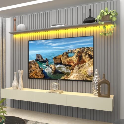 Home até 85″ Nobre Ripado 230(Com Nicho) Cinza/Off White – GELIUS
