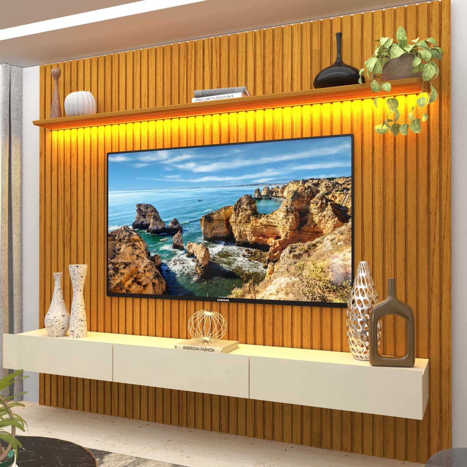 Home até 85″ Nobre Ripado 230(Com Nicho) Naturale/Off White – GELIUS