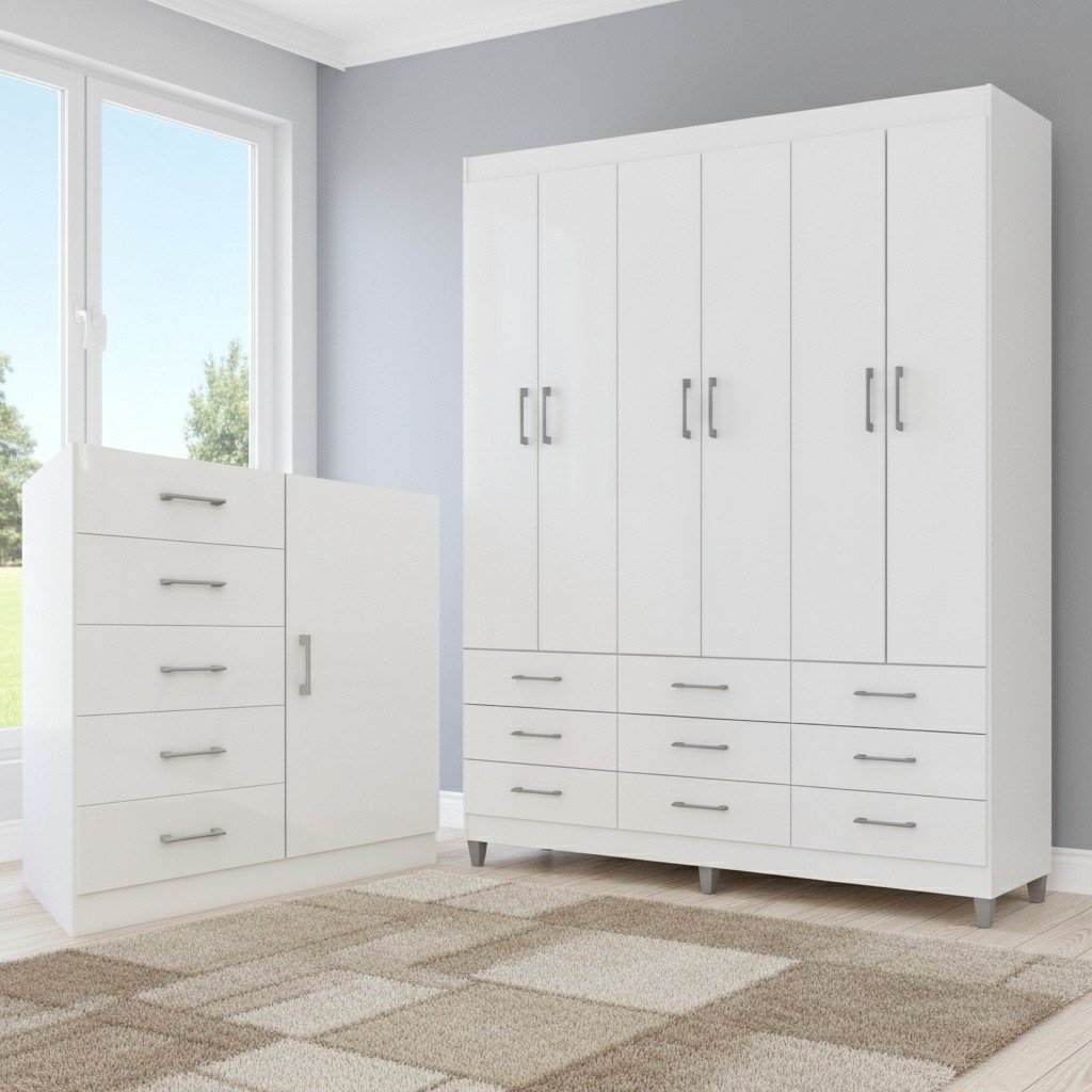 Guarda-Roupa 6 Portas Paraty 3690 + Cômoda 5 Gavetas Sapateira Miami Branco - FELLICCI