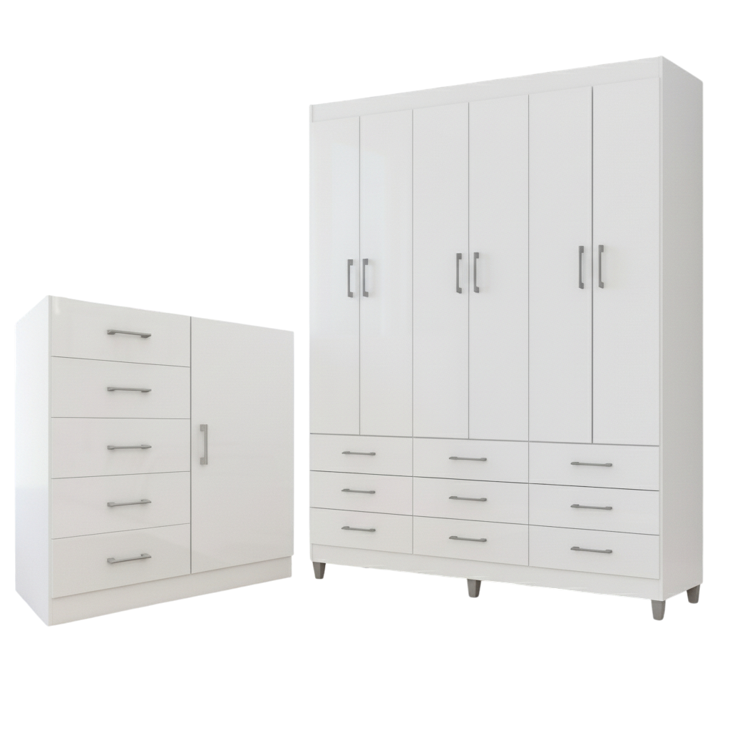 Guarda-Roupa 6 Portas Paraty 3690 + Cômoda 5 Gavetas Sapateira Miami Branco - FELLICCI - Imagem 3