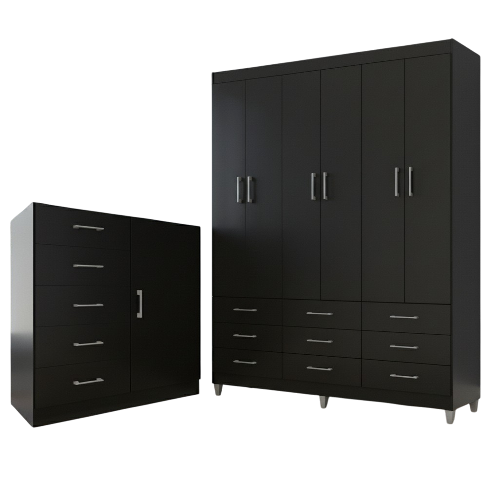 Guarda-Roupa 6 Portas Paraty 3690 + Cômoda 5 Gavetas Sapateira Miami Preto - FELLICCI - Imagem 3