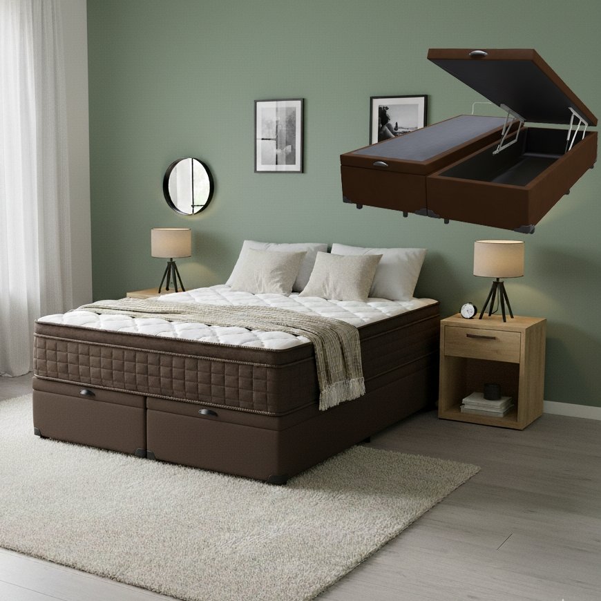 Colchão Queen Star One D28/AG D70 + Base Box Baú Corino Marrom – ANJOS COLCHÕES + ALTO NÍVEL CAMAS E COLCHÕES