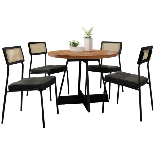 Alternative view of Mesa Átria 1594 Redonda 100 Preto/Nogal com 4 Cadeiras Lux 1741 Preto/Linho Grafite/Corino Preto – CARRARO MÓVEIS