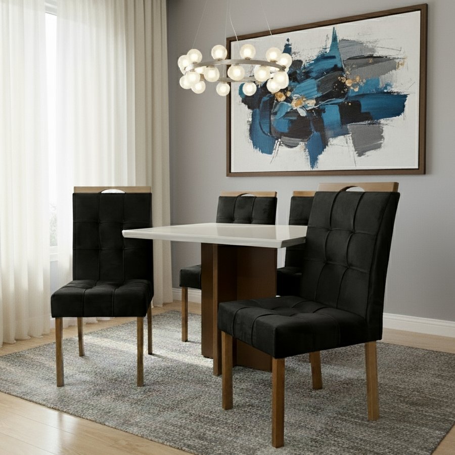 Mesa Salinas 90 (Tampo Dakota c/ vidro) Cinamomo/Off White com 4 Cadeiras Sophia Veludo Preto – CEL MÓVEIS + WM DECOR - Imagem 3