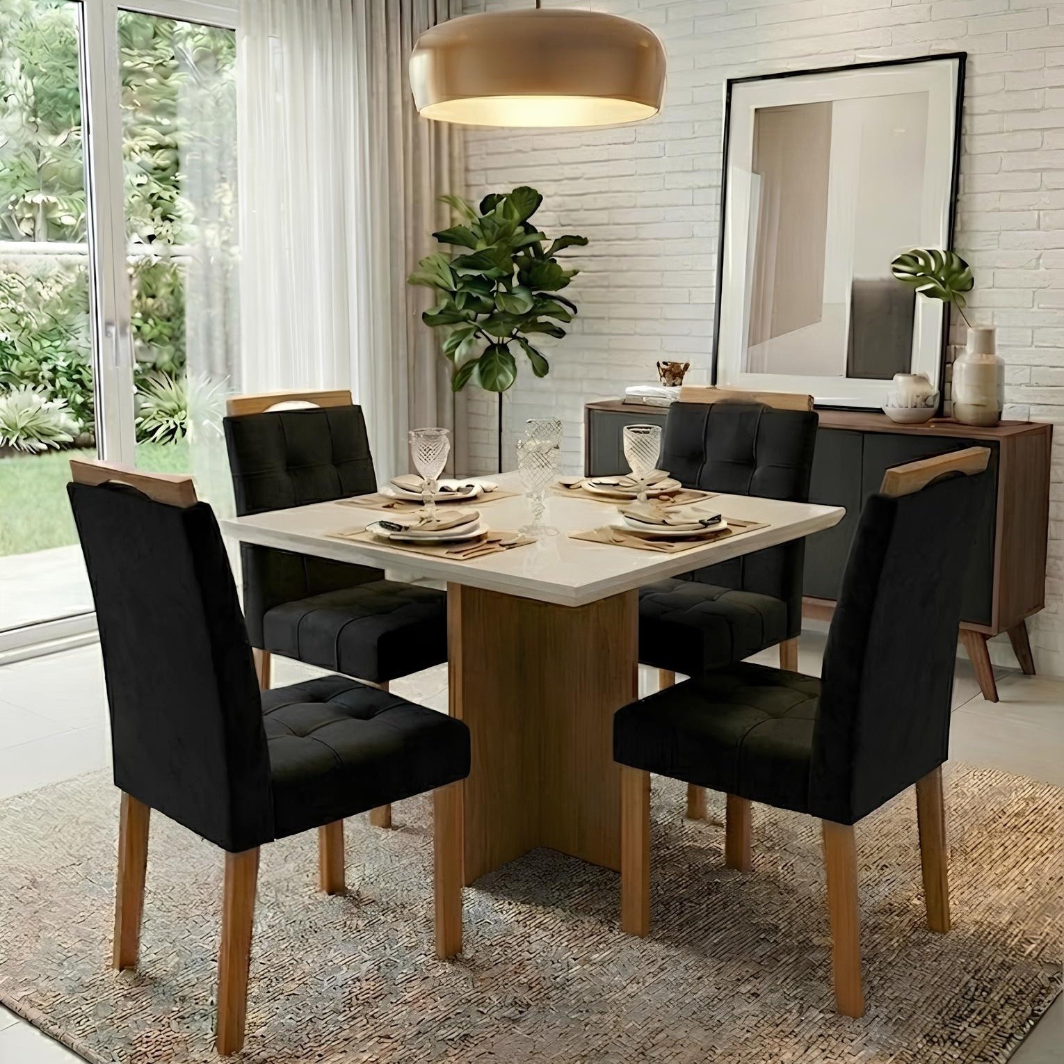 Mesa Salinas 90 (Tampo Dakota c/ vidro) Cinamomo/Off White com 4 Cadeiras Sophia Veludo Preto – CEL MÓVEIS + WM DECOR
