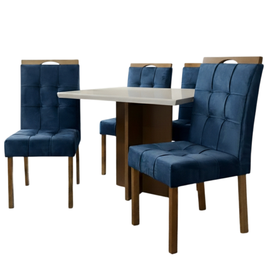Mesa Salinas 90 (Tampo Dakota c/ vidro) Cinamomo/Off White com 4 Cadeiras Sophia Veludo Azul – CEL MÓVEIS + WM DECOR - Imagem 4