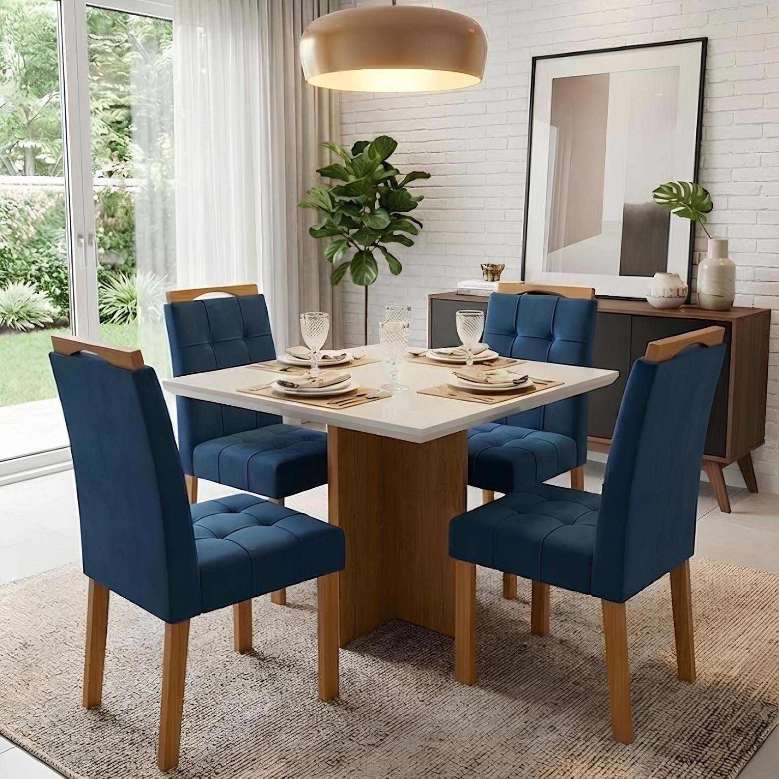 Mesa Salinas 90 (Tampo Dakota c/ vidro) Cinamomo/Off White com 4 Cadeiras Sophia Veludo Azul – CEL MÓVEIS + WM DECOR