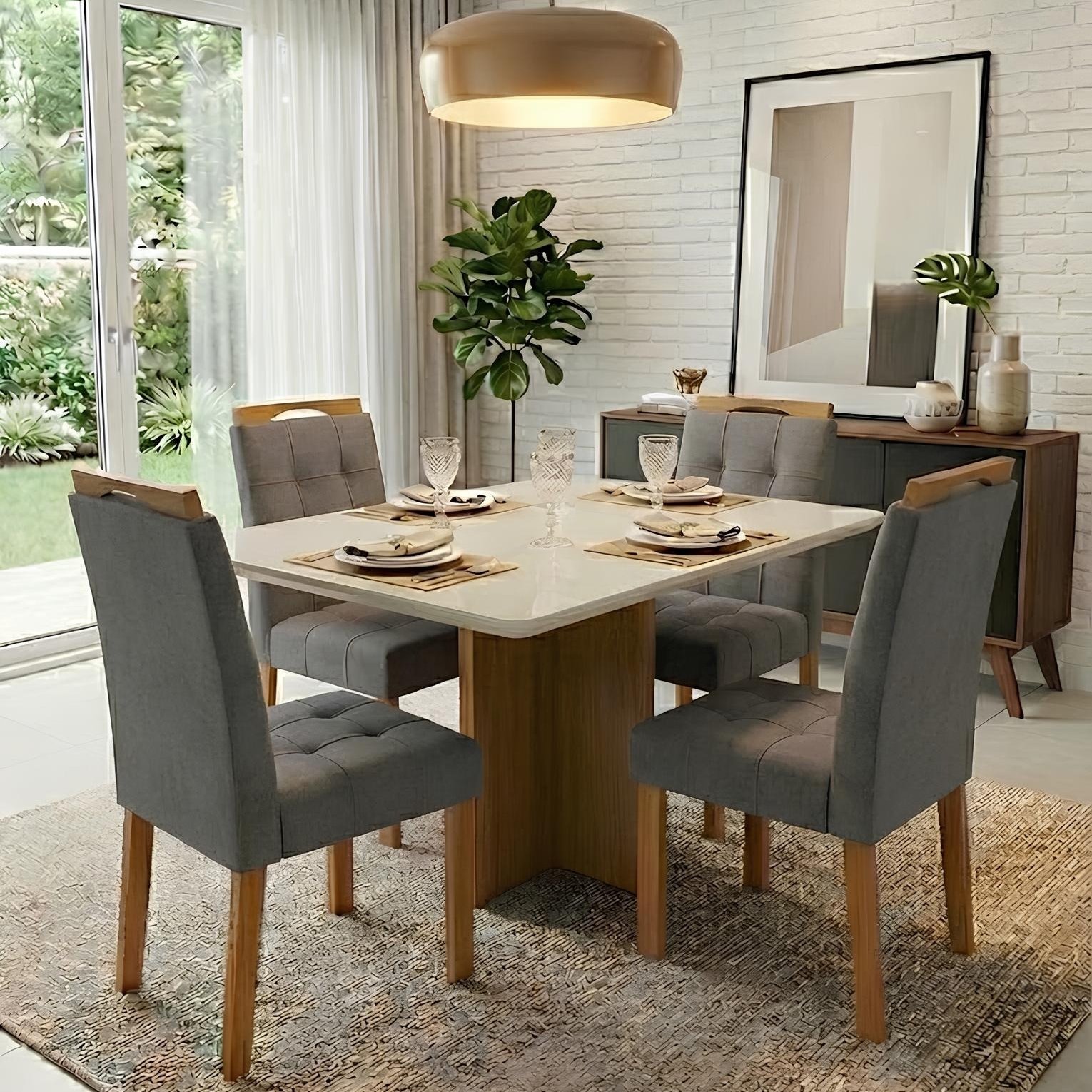 Mesa Salinas 120 Cinamomo/Off White com 4 Cadeiras Sophia Veludo Cinza Grafite – CEL MÓVEIS + WM DECOR