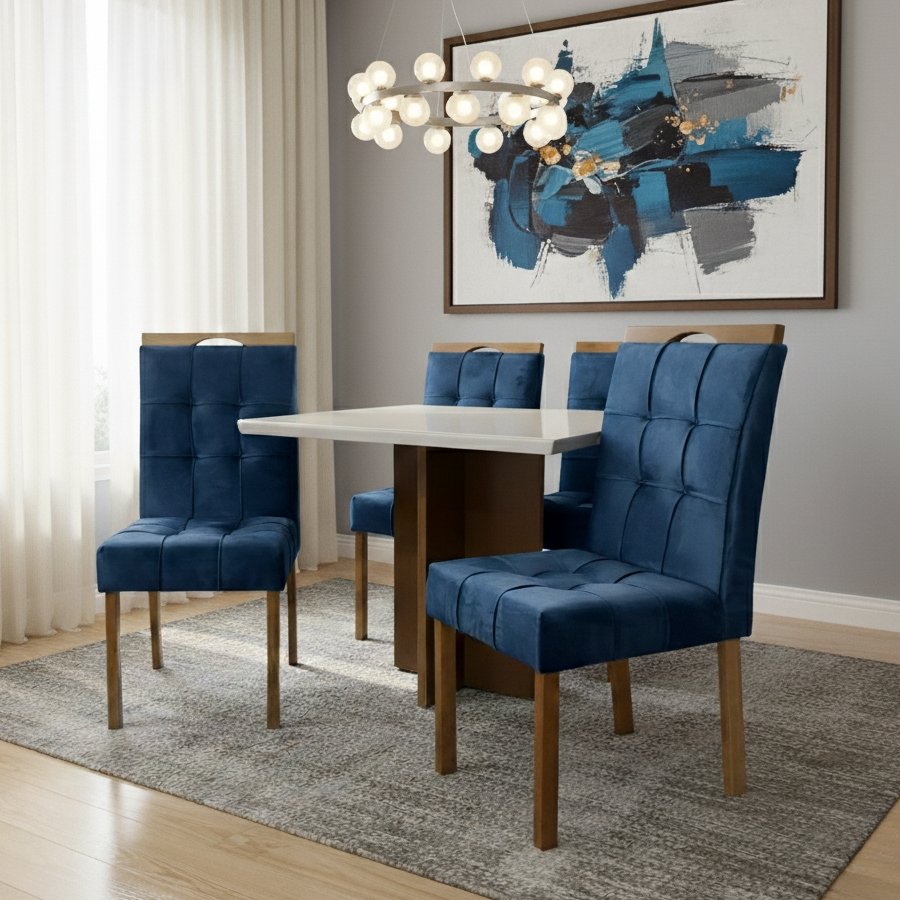 Mesa Salinas 120 Cinamomo/Off White com 4 Cadeiras Sophia Veludo Azul – CEL MÓVEIS + WM DECOR - Imagem 3