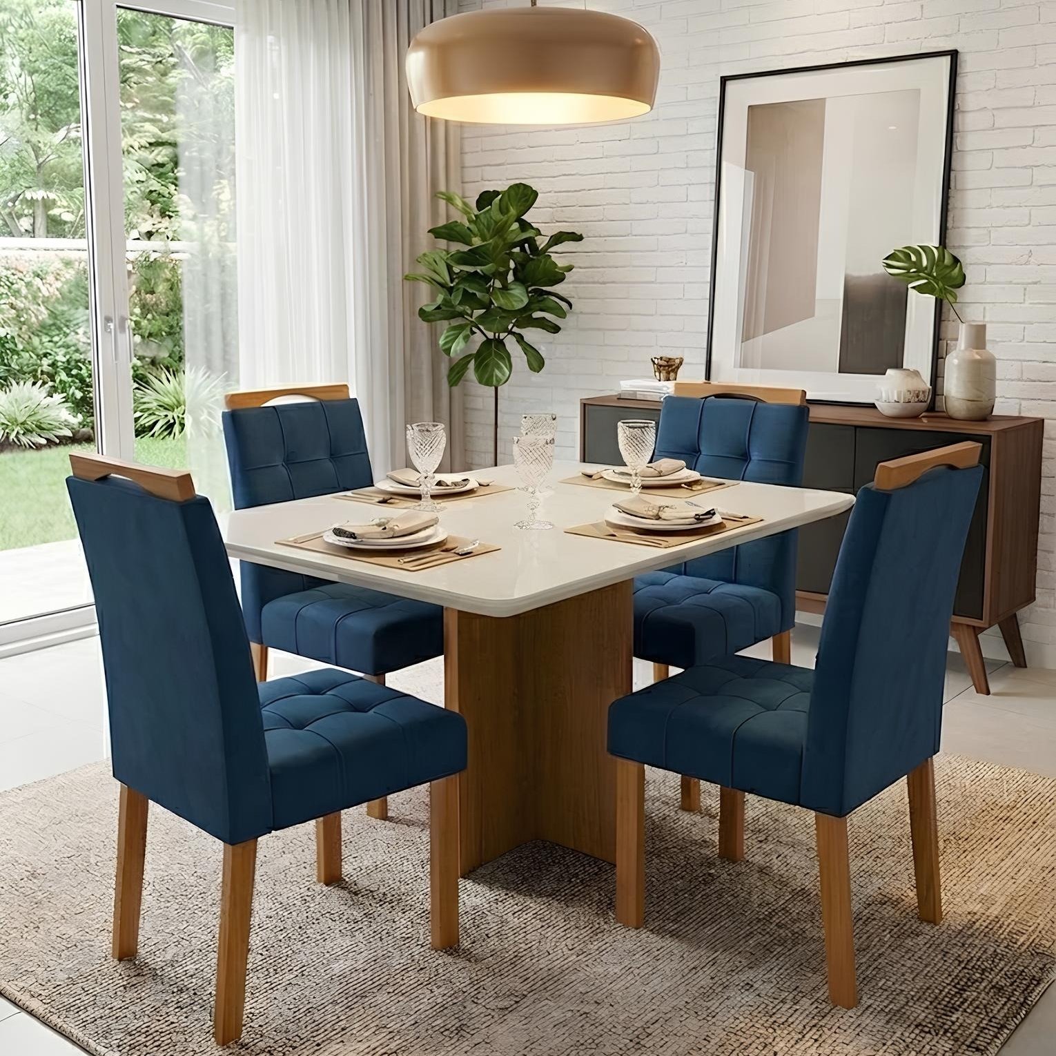 Mesa Salinas 120 Cinamomo/Off White com 4 Cadeiras Sophia Veludo Azul – CEL MÓVEIS + WM DECOR