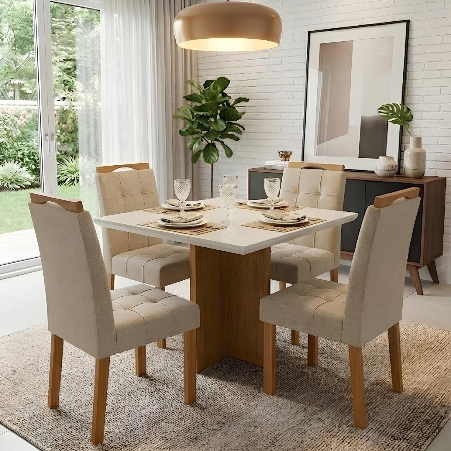 Mesa Salinas 90 (Tampo Dakota c/ vidro) Cinamomo/Off White com 4 Cadeiras Sophia Veludo Bege – CEL MÓVEIS + WM DECOR